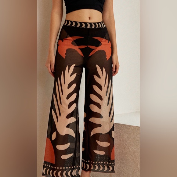 COMMENSE Chic Sheer Black and Orange Leaf Bird Print Pants - Picture 1 of 1